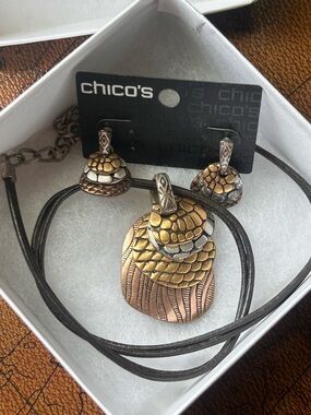 Chico's Metal Pendant Corded Necklace & Earring Set Copper/Brass/Silver
